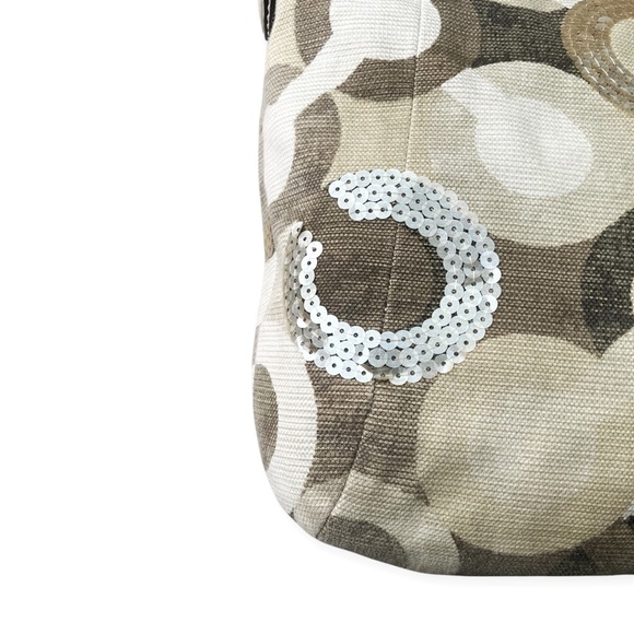 Coach Kristin Signature C Sequin Tan Ivory Khaki Canvas Hobo Tote Shoulder Bag - Picture 13 of 16